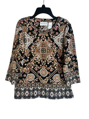 Alfred Dunner Top Small 3/4 Sleeve Medallion Print Embellished